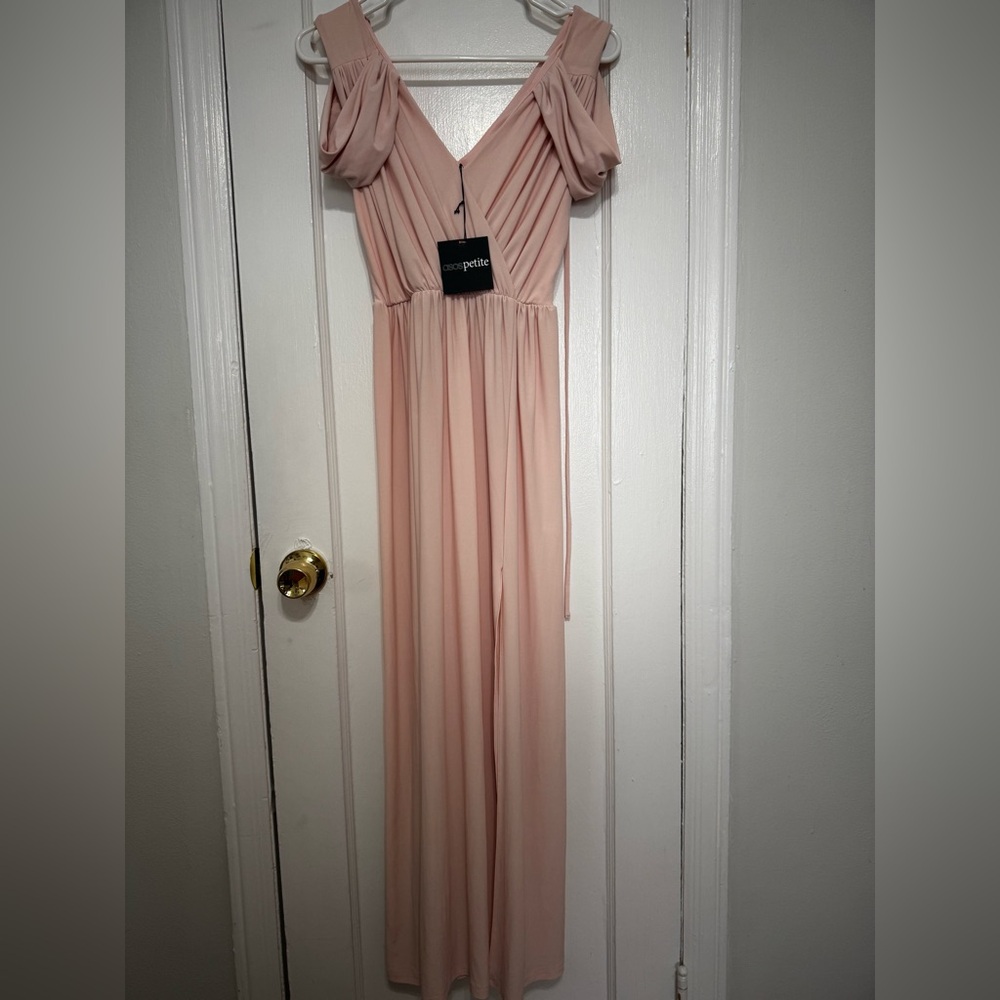 ASOS Petite Pink Pleated Maxi Gown with Puff Cap Sleeves